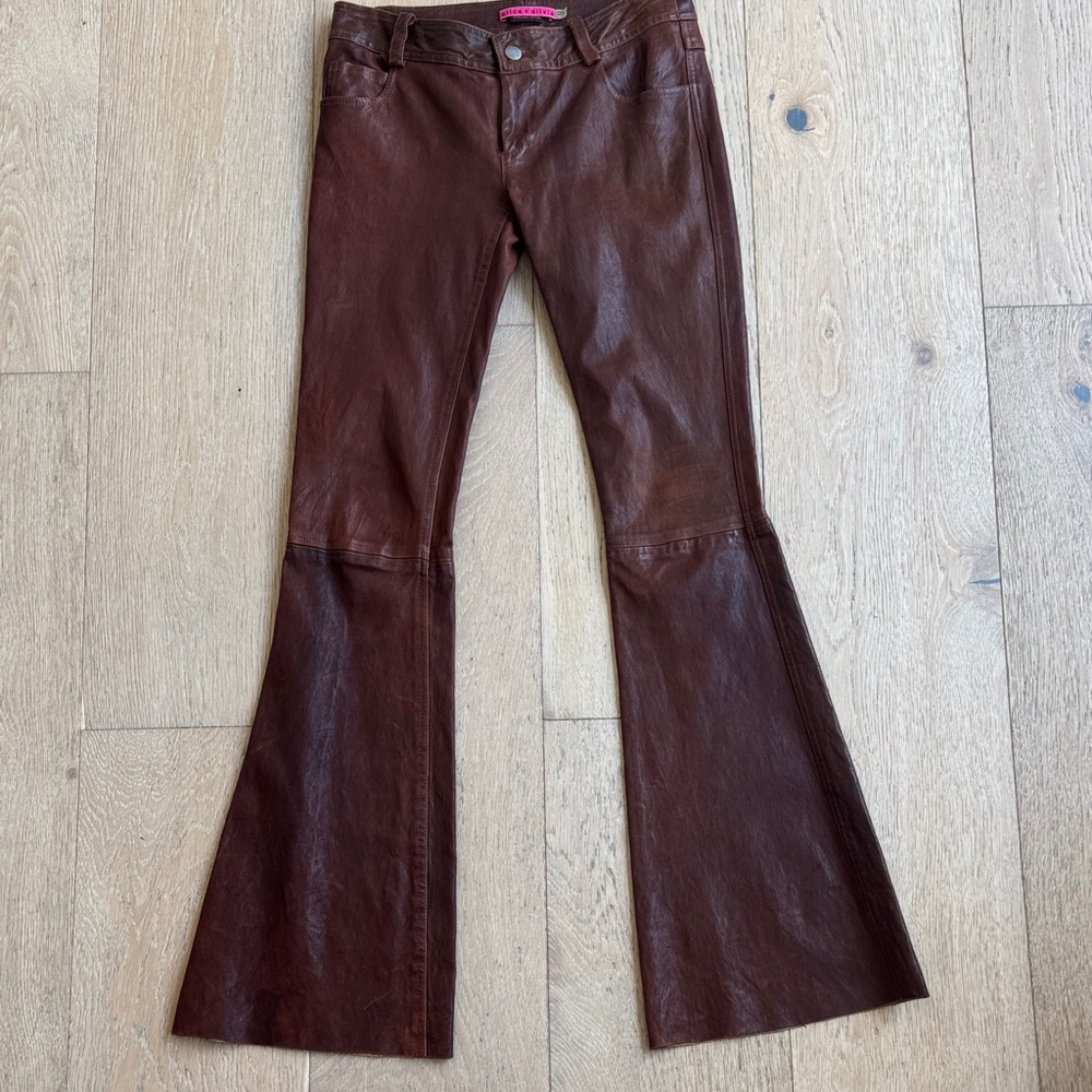 Alice+Olivia Chocolate 100% Leather Low Rise Flare leg pants in Jean style cut